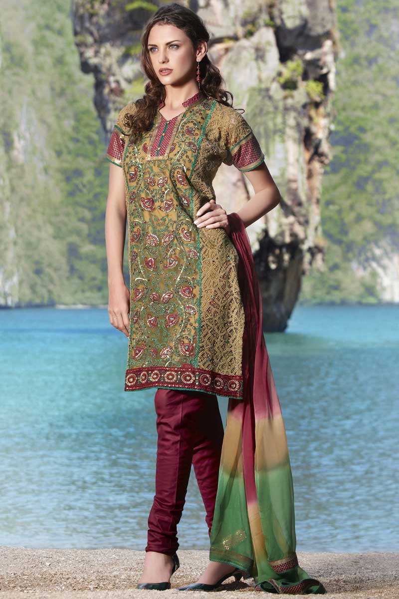 Maroon and Olive Green Cotton Party Shalwar kameez