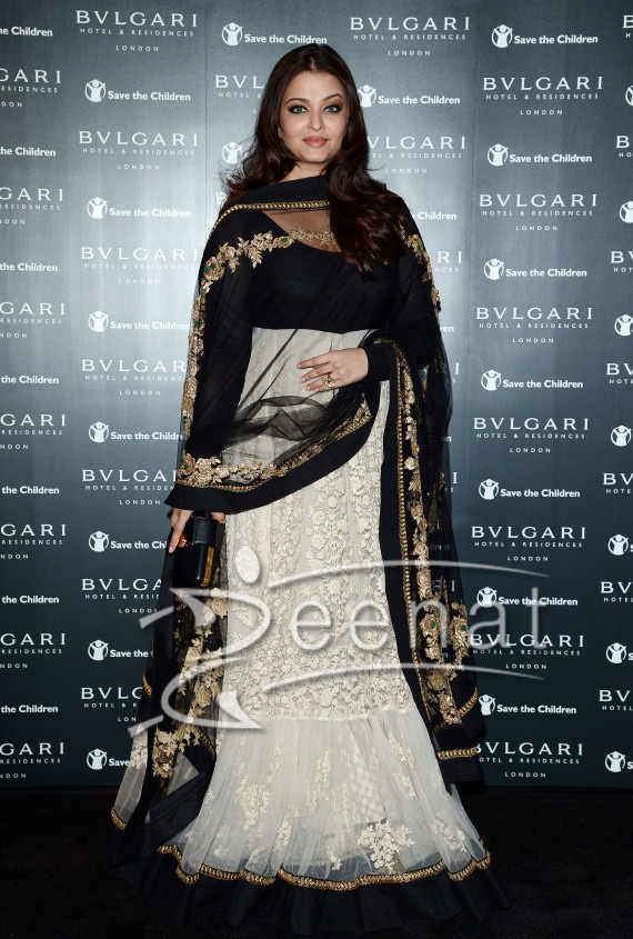 Aishwarya Rai looked regal in a black and white Sabyasachi Anarkali dress at opening of Bulgari Hotel